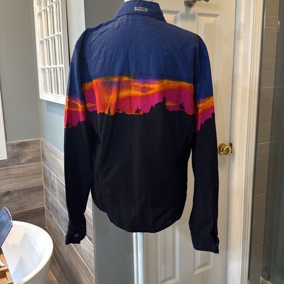 Wrangler Western Sunset Cowboy Print Pearl Snap Shirt Vintage 70s 80s Large Rare - Picture 2 of 13